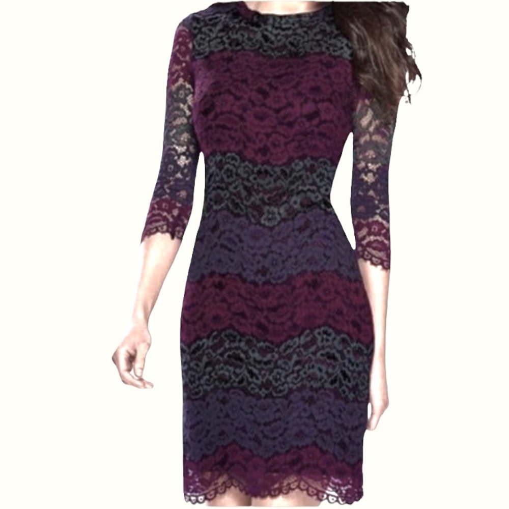 VENUS Very Pretty Lace Midi Bold Multicolor Stripe Sheath Dress size 4